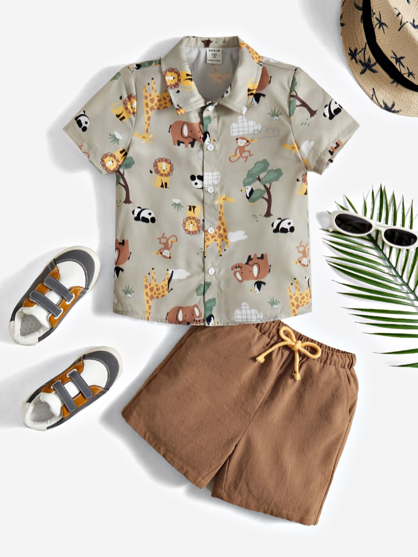 SHEIN 小男童卡通圖案襯衫和腰部抽繩短褲 - 彩色 - 查看 1