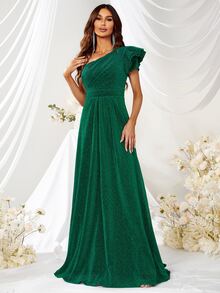 YISIKADO One Shoulder Ruffle Trim Glitter Prom Dress - Dark Green - View 4
