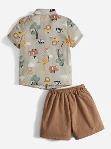 SHEIN 小男童卡通圖案襯衫和腰部抽繩短褲 - 彩色 - 查看 2