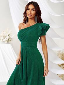 YISIKADO One Shoulder Ruffle Trim Glitter Prom Dress - Dark Green - View 6