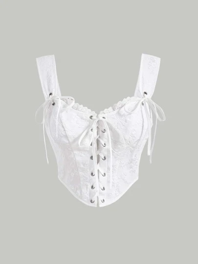 SHEIN MOD Elegant White Lace-Up Brocade Corset Top With Embroidered Floral Details, Adjustable Shoulder Straps, Scalloped Edge, Vintage Inspired, Feminine, Romantic, Stylish, Party Wear, Festival, Casual Chic, Soft Fabric, Breathable, Comfortable, Versatile, Boho, Summer, Timeless, Flattering Fit, Classic, Eye-Catching