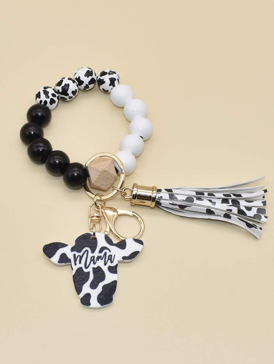 奶牛圖案星星和流蘇墜飾串珠鑰匙圈 - 黑與白 - 查看 1