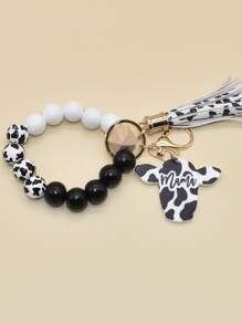 奶牛圖案星星和流蘇墜飾串珠鑰匙圈 - 黑與白 - 查看 2