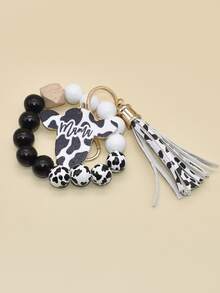 奶牛圖案星星和流蘇墜飾串珠鑰匙圈 - 黑與白 - 查看 3
