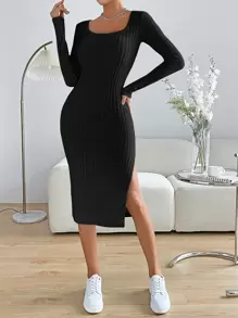 SHEIN Essnce 大圓領高衩緊身洋裝 - 黑色 - 查看 1