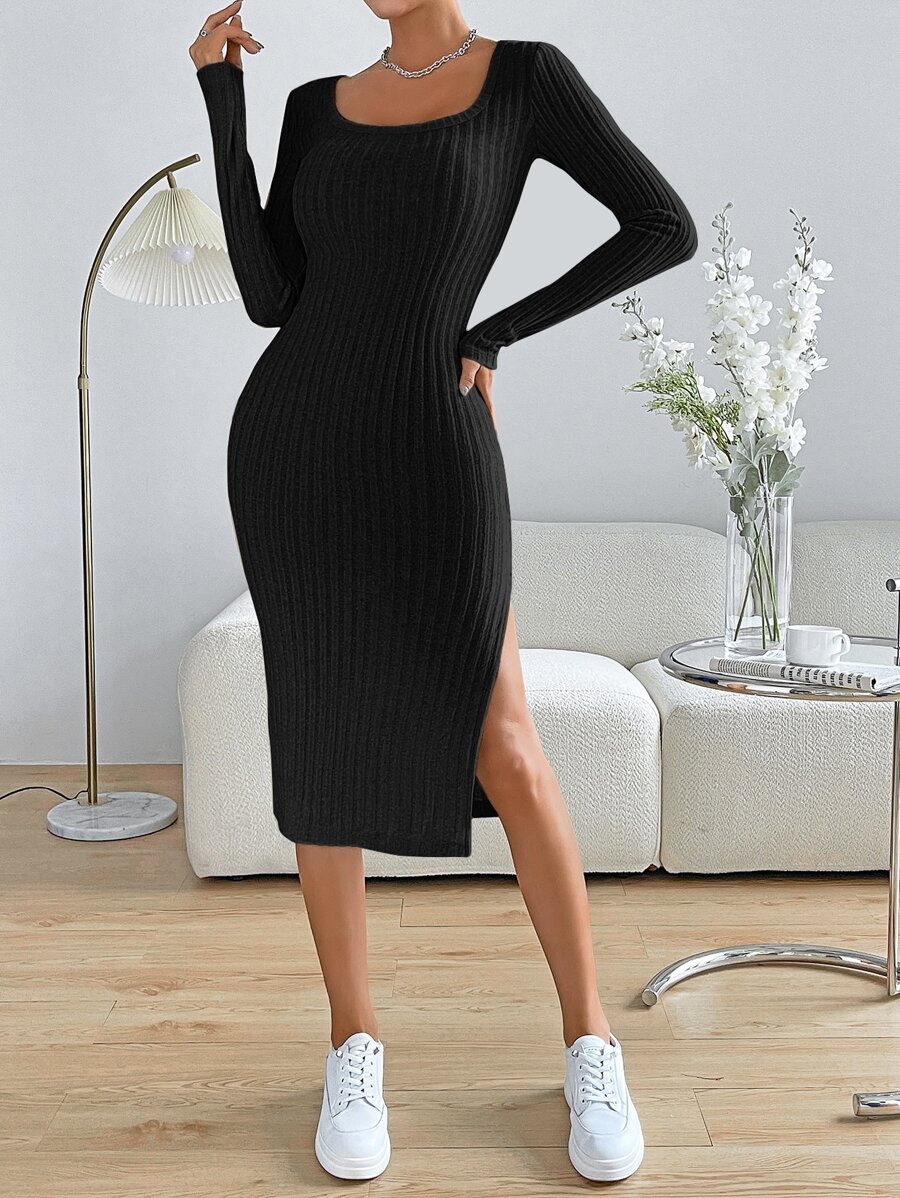 SHEIN Essnce 大圓領高衩緊身洋裝 - 黑色 - 查看 1