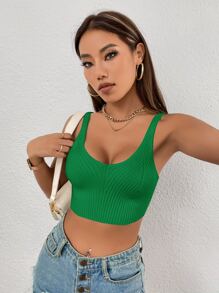 SHEIN Essnce Top unicolor crop tejido de canalé - Verde - Ver 2