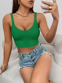 SHEIN Essnce Top unicolor crop tejido de canalé - Verde - Ver 4