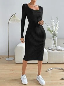 SHEIN Essnce 大圓領高衩緊身洋裝 - 黑色 - 查看 5