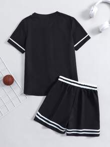 Tween Girl Men's Black Letter Printed Sports Casual T-shirt And Shorts Set With Round Neckline For Summer - Black - View 2