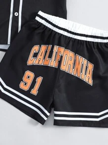Tween Girl Men's Black Letter Printed Sports Casual T-shirt And Shorts Set With Round Neckline For Summer - Black - View 4