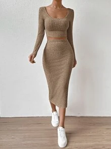 SHEIN Essnce Bộ đồ hai mảnh nữ Gân đan Tách cao màu trơn Giải trí - màu nâu - Xem 3