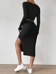 SHEIN Essnce Scoop Neck Crop Tee & Split Thigh Skirt - Black - View 2