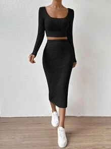 SHEIN Essnce Scoop Neck Crop Tee & Split Thigh Skirt - Black - View 3
