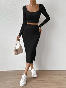 SHEIN Essnce Scoop Neck Crop Tee & Split Thigh Skirt - Black - View 4