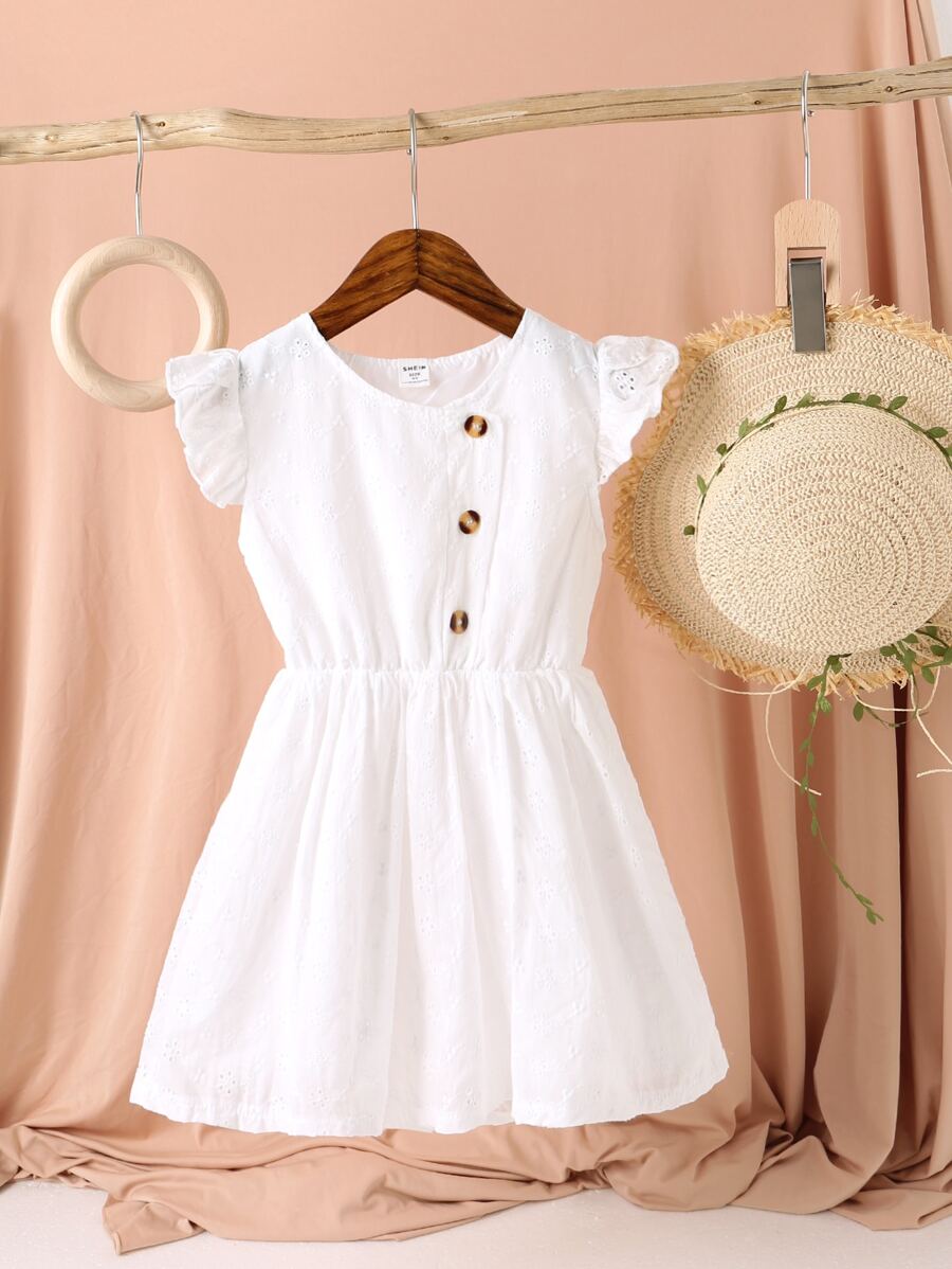 Niñas Vestido con bordado con ojal ribete con fruncido - Blanco - Ver 1