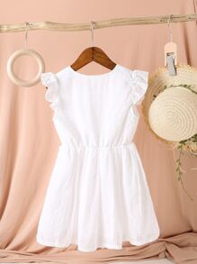 Niñas Vestido con bordado con ojal ribete con fruncido - Blanco - Ver 2