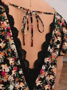 SHEIN Frenchy Plus Floral Print Contrast Lace Tie Backless Butterfly Sleeve Blouse - Multicolor - View 4