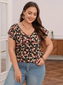 SHEIN Frenchy Plus Floral Print Contrast Lace Tie Backless Butterfly Sleeve Blouse - Multicolor - View 3