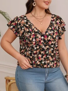 SHEIN Frenchy Plus Floral Print Contrast Lace Tie Backless Butterfly Sleeve Blouse - Multicolor - View 6