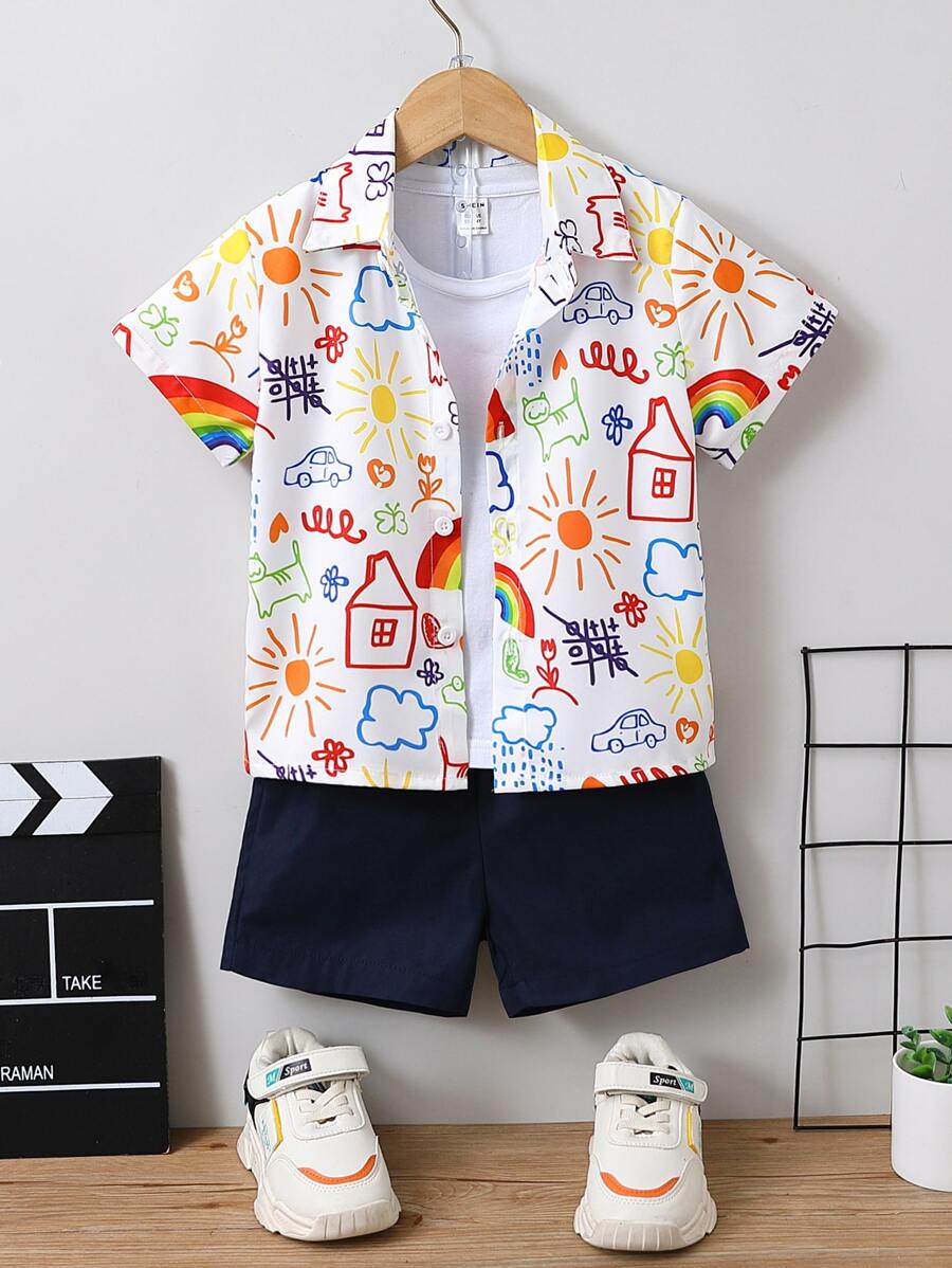 SHEIN 小男童卡通圖案襯衫和短褲不帶T恤