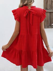 Breezaya 蝴蝶袖荷葉邊後綁帶娃娃裙 - 紅色 - 查看 1
