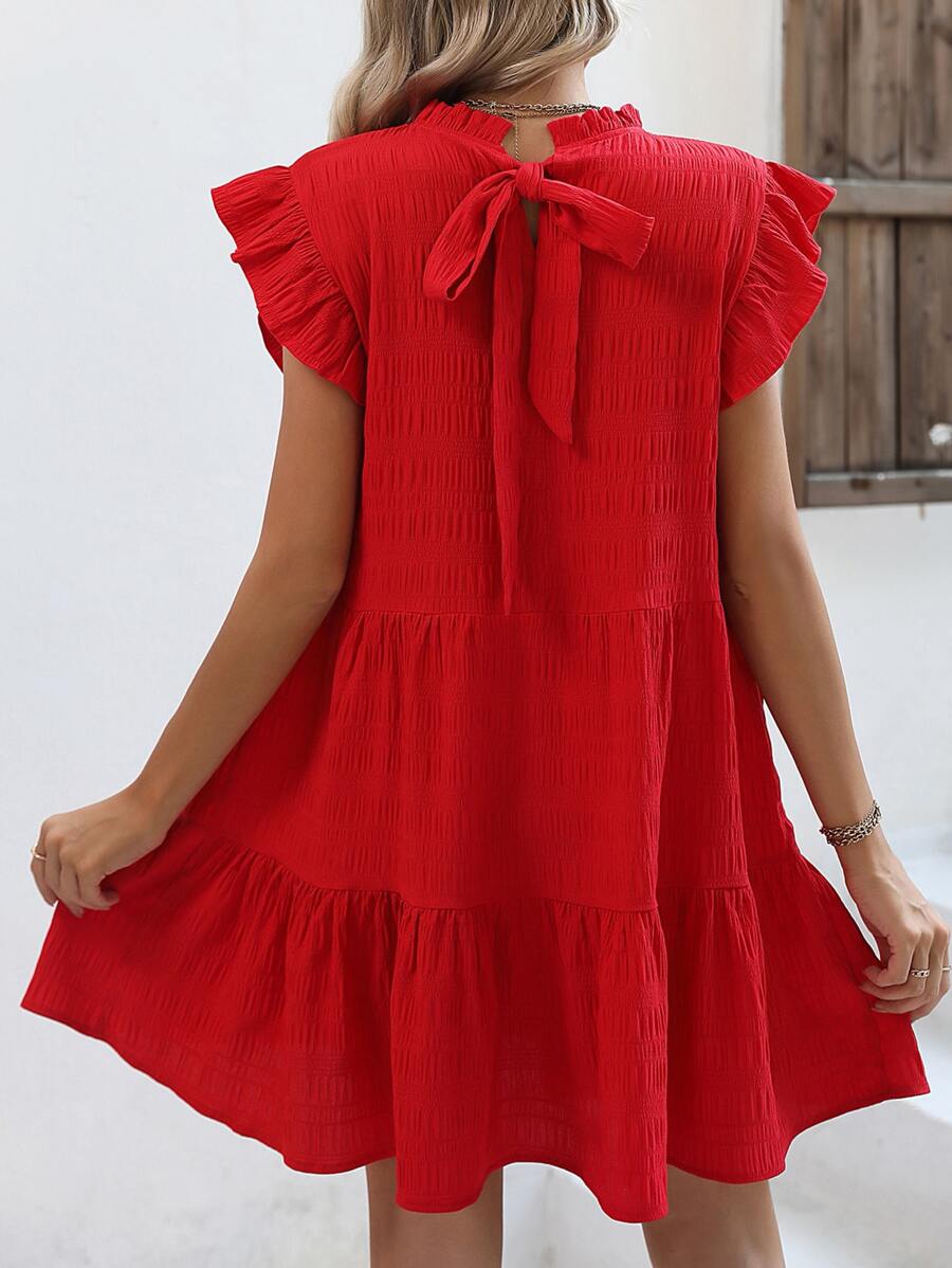 Breezaya 蝴蝶袖荷葉邊後綁帶娃娃裙 - 紅色 - 查看 1