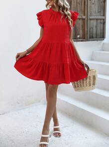 Breezaya 蝴蝶袖荷葉邊後綁帶娃娃裙 - 紅色 - 查看 4