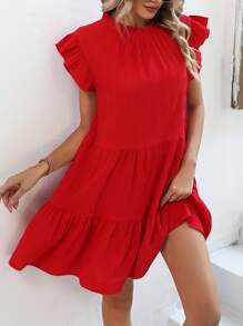 Breezaya 蝴蝶袖荷葉邊後綁帶娃娃裙 - 紅色 - 查看 6