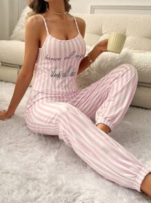 Conjunto de pijama con estampado de rayas y slogan - Multicolor - Ver 6