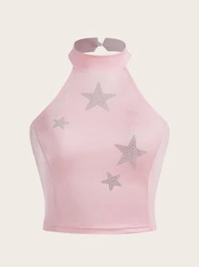 SHEIN ICON Rhinestone Star Pattern Backless Halter Top - Baby Pink - View 1