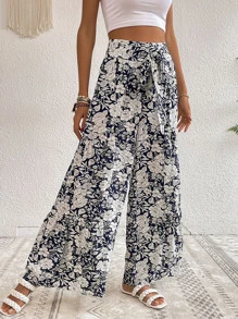 SHEIN LUNE Pantalones de pierna ancha con estampado con cinturón - Blanco y Negro - Ver 1