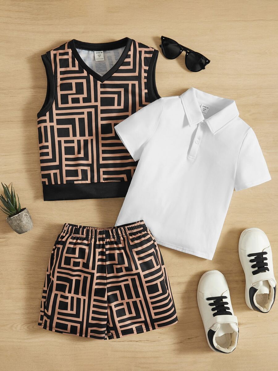 SHEIN Leap Crew 小男童素色T恤和幾何印花背心和短褲 - 白色 - 查看 1