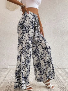 SHEIN LUNE Pantalones de pierna ancha con estampado con cinturón - Blanco y Negro - Ver 3