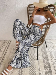 SHEIN LUNE Pantalones de pierna ancha con estampado con cinturón - Blanco y Negro - Ver 4