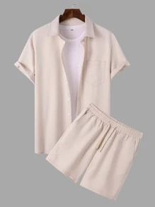 Manfinity Men Pocket Patched Shirt & Drawstring Waist Shorts Without Tee - Apricot - View 1