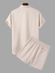 Manfinity Men Pocket Patched Shirt & Drawstring Waist Shorts Without Tee - Apricot - View 2