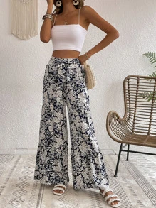 SHEIN LUNE Pantalones de pierna ancha con estampado con cinturón - Blanco y Negro - Ver 6