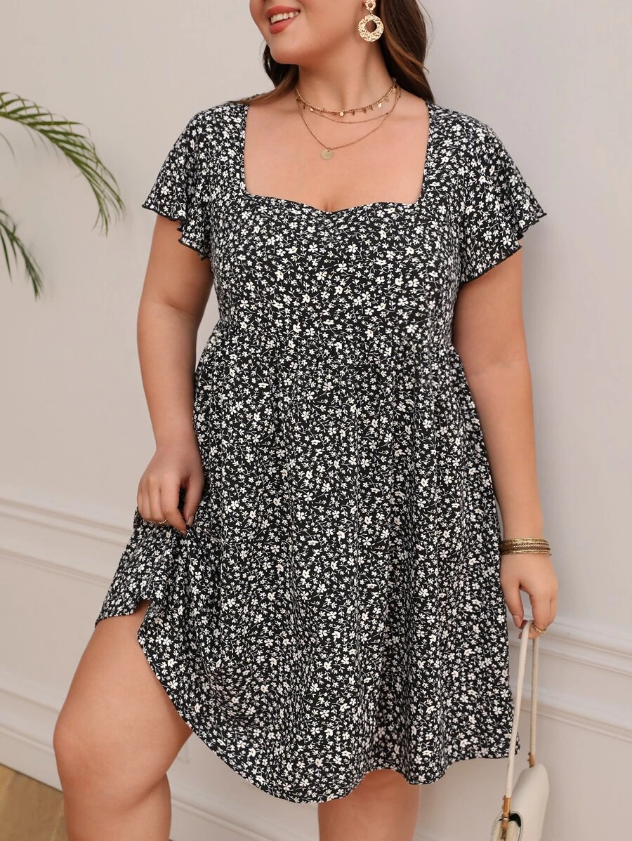 SHEIN Frenchy Plus Ditsy Floral Print Butterfly Sleeve Dress - Multicolor - View 1