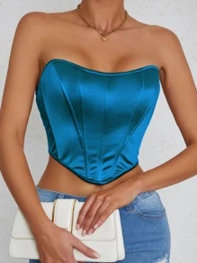 SHEIN Allurite Solid Hanky Hem Tube Top - Dusty Blue - View 6