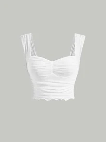 SHEIN MOD Sweetheart Neck Ruched Lettuce Trim Crop Top - White - View 1