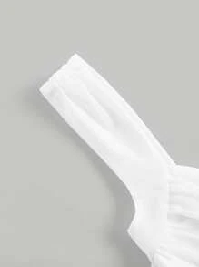 SHEIN MOD Sweetheart Neck Ruched Lettuce Trim Crop Top - White - View 3