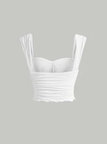 SHEIN MOD Sweetheart Neck Ruched Lettuce Trim Crop Top - White - View 2