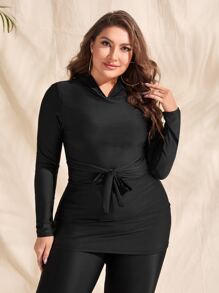 Plus Size Solid Belted Full Body Rashguard Summer Beach - Black - View 5