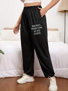 SHEIN EZwear Plus Slogan Graphic Elastic Waist Joggers - Black - View 1