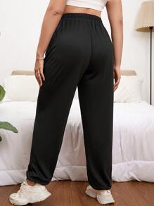 SHEIN EZwear Plus Slogan Graphic Elastic Waist Joggers - Black - View 2