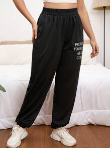 SHEIN EZwear Plus Slogan Graphic Elastic Waist Joggers - Black - View 3