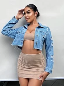 SHEIN SXY Áo khoác & áo khoác denim nữ Bị tách Nút phía trước Hem thô màu trơn Giải trí - Rửa nhẹ - Xem 1