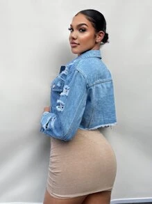 SHEIN SXY Áo khoác & áo khoác denim nữ Bị tách Nút phía trước Hem thô màu trơn Giải trí - Rửa nhẹ - Xem 2