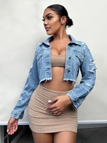 SHEIN SXY Áo khoác & áo khoác denim nữ Bị tách Nút phía trước Hem thô màu trơn Giải trí - Rửa nhẹ - Xem 3